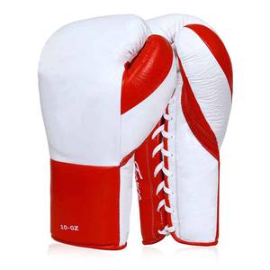 Gants de boxe en cuir blanc et rouge durables à lacets pour compétition de combat au ring, personnalisables avec logo OEM, pour le kick-boxing et les arts martiaux - Product Image 1