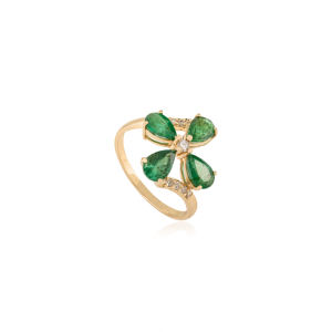 Anillo Floral Único de Oro Amarillo Sólido de 14K con Esmeraldas y Diamantes, Diseño Exclusivo, Joyería de Alta Gama para Fiestas, Fabricante - Product Image 3