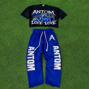 ชุดเซ็ตเสื้อยืดพิมพ์ลายแบบดิสเทรส กางเกงวอร์มขาบาน ผ้าฝ้าย สตรีทแวร์ ทรงโอเวอร์ไซส์ ล้างสีแบบแอซิดวอช สำหรับผู้ชาย ชุดลำลองฤดูร้อน - Product Image 1