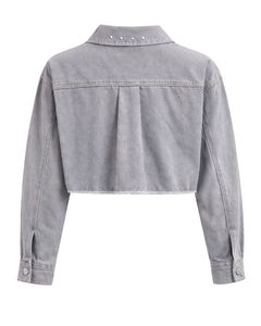 Chaqueta Vaquera Corta Gris Personalizada para Mujer con Cierre de Botones Frontales con Pedrería, Manga Larga, Estilo Urbano, Top para Fiesta - Product Image 2