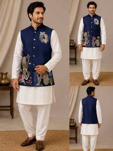 NOIIR PIGEON Chaleco Kurta Amarillo Bordado para Hombre, Diseño Tradicional Indio para Bodas, Corte Regular, Algodón - Product Image 3