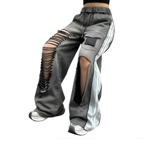 High Waist Ripped Wide Leg Denim Jeans <b>Women</b> Cargo Side Stripe Distressed Streetwear Hip Hop Baggy <b>Trousers</b> - Product Image 5