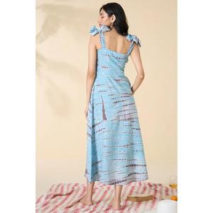 เดรสยาวพิมพ์ลายอิคัตสีน้ำเงินสำหรับผู้หญิง สายผูกแบบไม่มีแขน สไตล์ลำลองสำหรับฤดูร้อน ขายส่ง - Product Image 4