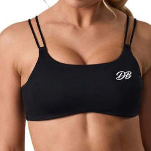 Soutien-gorge de sport noir pour femme avec logo personnalisé, double bretelle, sans couture, crop top d'entraînement à fines bretelles, ensemble de fitness et de gym, vêtements de sport, vente en gros - Product Image 3