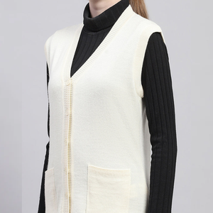 Gilet en tricot sans manches pour femme, col en V, avec poches, couleur unie, décontracté, pour l'automne, 100% acrylique, simple boutonnage - Product Image 5