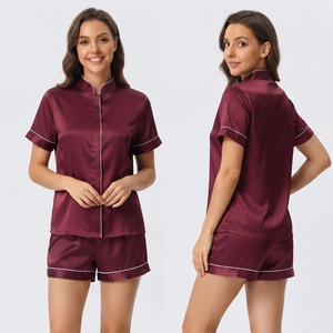 Ensemble de pyjama pour femmes en satin à manches courtes et short, chemise boutonnée en soie 100%, short, deux pièces pour femmes - Product Image 5