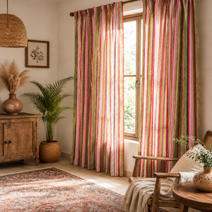 Cortinas rústicas de algodón a rayas, translúcidas, que filtran la luz, con bolsillo para barra, en colores naturales para la sala de estar. - Product Image 2