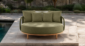 ROBD-010 Lit de Jardin Moderne en Rotin avec Coussin Vert, Cadre en Bois de Teck, Mobilier de Jardin Contemporain Résistant aux Intempéries, Siège Individuel - Product Image 5