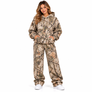 Custom Women Tracksuit Set Forest Print Hoodie Set <b>Fleece</b> Sweat suit 2 Piece Set Custom Women's Wide Leg <b>Pants</b> Tracksuit Set - Product Image 1