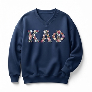 เสื้อสเวตเชิ้ตคอวีสีกรมท่าสำหรับผู้หญิง ปักลายดอกไม้พร้อมตัวอักษร KAO แขนยาว ผ้าฝ้ายถัก ใส่ได้ในฤดูใบไม้ร่วง - Product Image 1