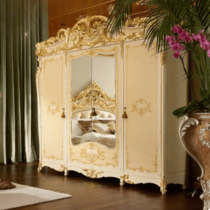 Luxury French Classic Mahogany <b>Wardrobe</b> Ivory Finish Gold Accent Carving Mirror Door Elegant Bedroom Furniture Customized - Product Image 1
