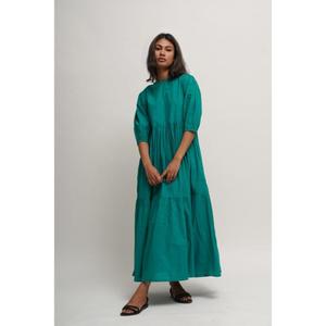 Robe longue trapèze verte de haute qualité, col rond, manches courtes, en lin superposé, couleur unie, confortable pour femme, vente en gros - Product Image 1