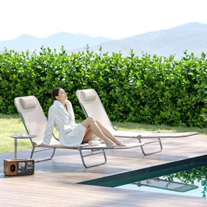 Set di 2 Chaise Longue Pieghevoli Bianco Crema con Schienale Reclinabile, Seduta in Rete Traspirante e Poggiatesta per Prendere il Sole a Bordo Piscina - Product Image 2