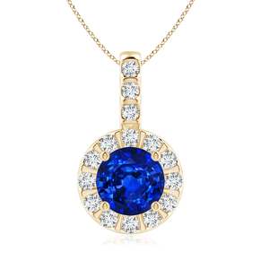 Colgante de Zafiro Azul Natural con Corte Redondo Certificado por IGI, con Halo de Diamantes Engastados en Barra, Oro Sólido de 14K, Colgante para Mujer, Ideal para Fiestas, OEM - Product Image 1