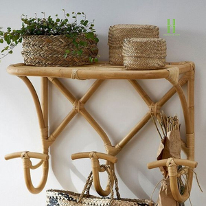Eco-Friendly Wicker Rattan <b>Wall</b> Shelf with Hooks, Handcrafted <b>Hanging</b> Rack for Keys, Hats, Bags, Kitchen and Bathroom Storage - Product Image 2