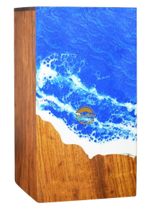 Urne funéraire artisanale en résine et bois motif vague océanique bleue, pour cendres, par AYAANS - Product Image 2