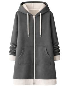 Sudadera con capucha larga con cremallera, color gris carbón, abrigo de invierno de forro polar para mujer, ropa exterior informal de gran tamaño con bolsillos, OEM personalizado - Product Image 1