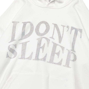Unisex White Oversized <b>Hoodie</b> With Glitter Print "I DON'T SLEEP" Front Letter Design Casual Autumn Wear - Product Image 2
