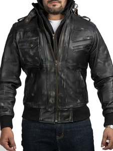 Veste en cuir noire à capuche pour homme, style motard, effet usé - Product Image 1