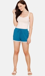 Shorts de Algodón Tejido Azul para Mujer, Cintura Media, Cordón Ajustable, Corte Regular Informal, Transpirable, Color Sólido - Product Image 5