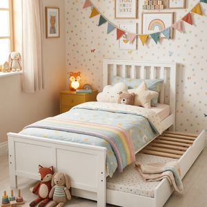 Cama Infantil Convertible Blanca de Madera Contrachapada de Pino Americano, Diseño Informal, Material Duradero y Seguro, Bordes Suaves, para Dormitorio Infantil - Product Image 1