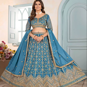 Ropa Étnica India, Material Chinon, Bordado con Lentejuelas, Diseño con Cordones, Lehenga Choli para Bodas, Fiestas y Festivales, Reciclado - Product Image 1