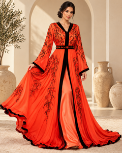 Caftan marocain Mishkat Couture corail orange avec broderie de perles noires et dorées, manches cloche, ceinture en velours, MAXI, élégant pour les fêtes d'hiver - Product Image 5