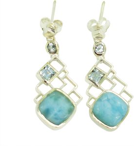 Boucles d'oreilles pendantes classiques de haute qualité en argent sterling 925 avec topaze bleue et larimar taille coussin, multi-pierres, pour femmes, cadeaux de fête - Product Image 5