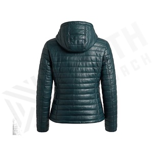 Veste matelassée à capuche en cuir véritable, manches longues, vêtement d'extérieur d'hiver, rembourrage en polyester, fermeture éclair, couleur unie - Product Image 3