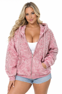 <b>Pink</b> Rhinestone Distressed Zip-Up <b>Hoodie</b> 100% Cotton Solid Winter Front Logo <b>Women's</b> Streetwear Sweatshirt - Product Image 2