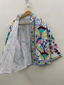 Veste en coton brodée florale bohème avec col écharpe, manches longues, grande taille, vêtements d'extérieur décontractés pour femmes, printemps - Product Image 1