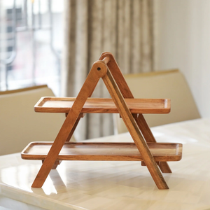 Plateau de service alimentaire en bois d'acacia, 2 niveaux, pliable, fabriqué au Vietnam, vente en gros B2B - Product Image 3