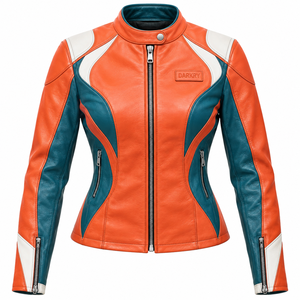 Chaqueta de Motociclista de Cuero Genuino para Mujer, Color Naranja, Verde Azulado y Blanco, Marca Darkry, para Carreras, Motocross y Deportes - Product Image 1