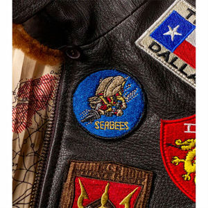 <b>Men's</b> <b>Leather</b> Bomber <b>Jacket</b> Patch Designs Stand Collar Zipper Closure Waterproof Sheep Trim Studded Design Winter Moto Style - Product Image 6