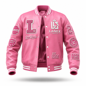 Custom Pink Varsity Letterman Jacket Women PU Leather Baseball College Jacket Embroidered Chenille Patch Bulk Bomber Jacket OEM - Product Image 2