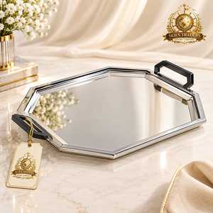 Bandeja octogonal de cristal con espejo y asas negras, plato de metal para mesa de centro, cocina y exhibición en tocador - Product Image 1
