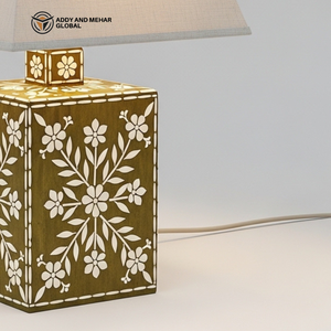 Handmade Brown Floral Bone Inlay <b>Table</b> <b>Lantern</b> with Fabric Shade Decorative Bedside Nightstand <b>Lamp</b> for Living Room Bedroom Deco - Product Image 4