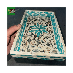 Bandeja de Mosaico de Nácar Hecha a Mano, Bandeja de Servir de Ratán con Incrustaciones de Cerámica y Conchas Lacadas, Vajilla de Lujo al por Mayor - Product Image 3