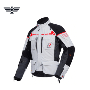 Veste de moto touring coupe-vent premium pour homme, blanche et noire, avec impression réfléchissante, protection intégrée, multi-poches - Product Image 1