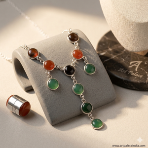 Art Palace 925 Silver <b>Statement</b> <b>Necklace</b> With Green And Red Onyx Stones Bezel Set Ethnic Design For Everyday Wear - Product Image 3