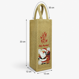 Sac cadeau en jute naturel PP avec lurex doré pour bouteille de vin, 12x33x12 cm, multicolore, impression Feliz Navidad, logo personnalisé, vente en gros pour usage commercial - Product Image 4