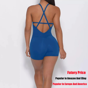 Body deportivo sin costuras para mujer, con tirantes cruzados, azul liso, sin mangas, pantalones cortos, mono de yoga - Product Image 6