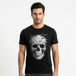 T-shirt gris pour homme avec impression graphique de crâne aux yeux rouges, coton lourd de haute qualité, style streetwear d'horreur, fournisseur en gros - Product Image 3