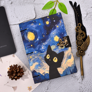Journal fait main avec motif de chat mignon et ciel étoilé |   Carnet artistique A5 avec cadenas vintage, 100 pages, journal en papier fait main pour écrire, cadeau - Product Image 4