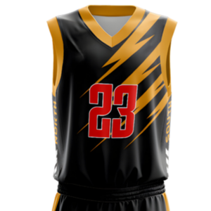 Ensemble d'uniformes de basketball personnalisés pour hommes, noir et or, maillot sans manches col en V et short, avec nom et numéro d'équipe, imprimé éclair, kits en gros - Product Image 4