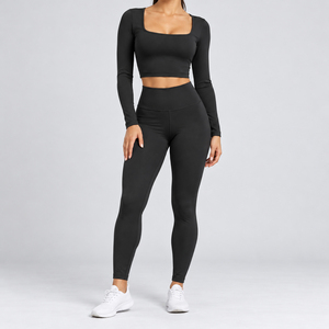 Women's Solid Square Neck <b>Long</b> <b>Sleeve</b> Yoga Set <b>Black</b> High Waist Leggings Matching Crop <b>Top</b> Front Custom Logo Bulk - Product Image 1