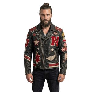 Blouson en cuir pour homme avec écussons en cuir motif couronne de baseball, en cuir de vachette véritable, broderie de lettres foncées, coupe-vent universitaire à rayures côtelées - Product Image 5