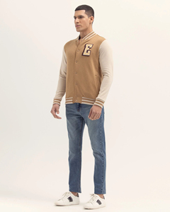 Men Varsity <b>Jacket</b> Embroidered Letter E Patch Preppy Style Autumn Wear Regular Fit Turn-down Collar Cotton <b>Lining</b> - Product Image 4