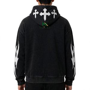 Sudadera con capucha de mezclilla negra con cremallera y lavado ácido personalizada para hombre, con estampado gótico de cruz y llamas, estilo vintage, ropa urbana, venta al por mayor de fábrica OEM - Product Image 4