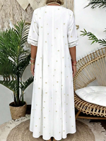 Robe longue maxi pour femme grande taille, blanche, à étoiles dorées, col en V, manches courtes, coupe droite, style bohème, kaftan de vacances, longueur ras du sol, vente en gros, personnalisable